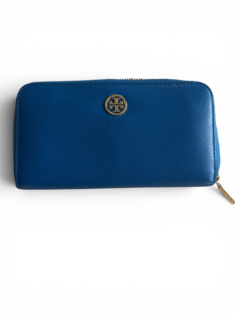 Tory Burch Cobalt Zip-Around Saffiano Leather Wallet with Gold Logo